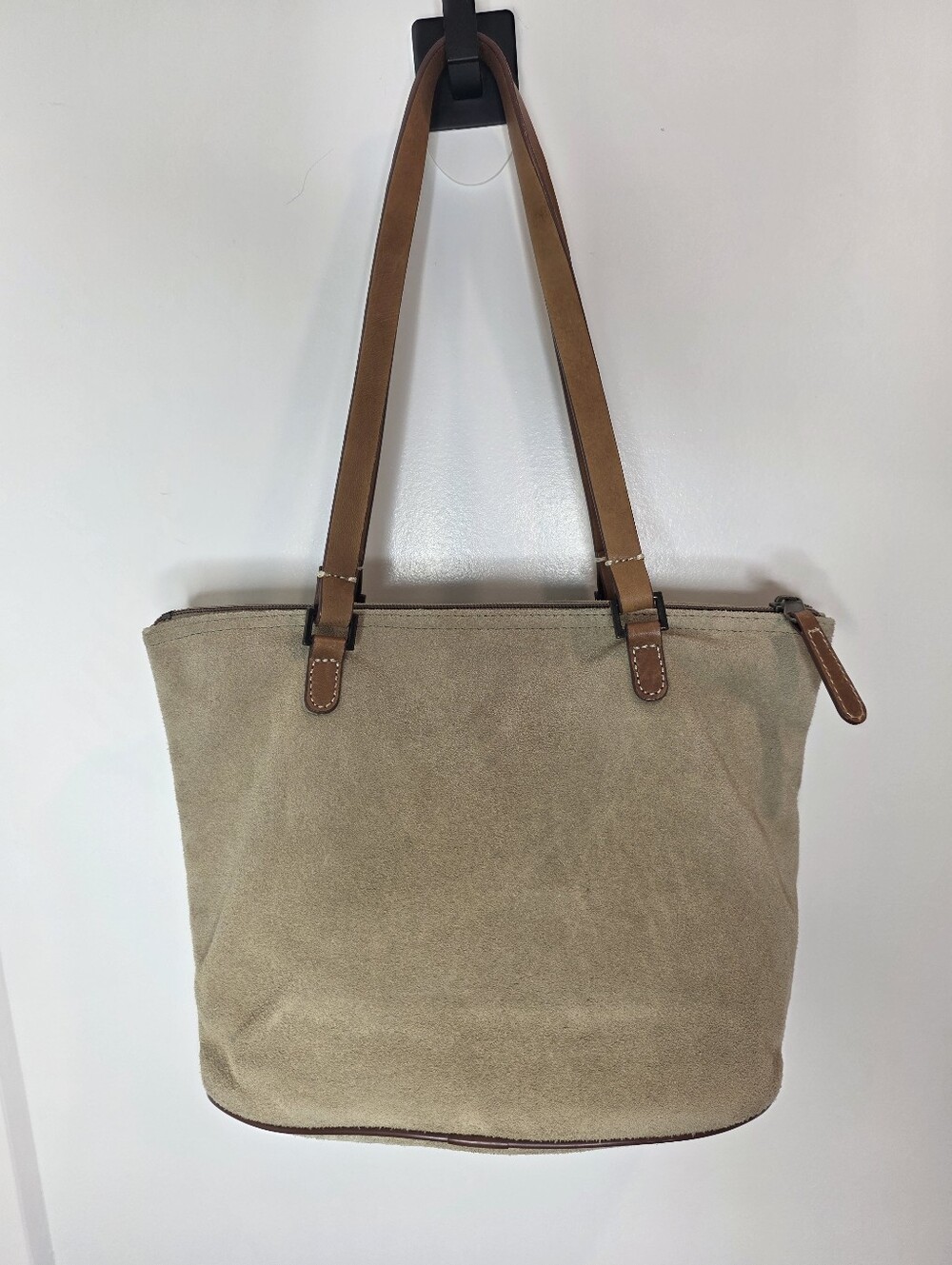 Beige Suede Tote with Brown Leather Straps